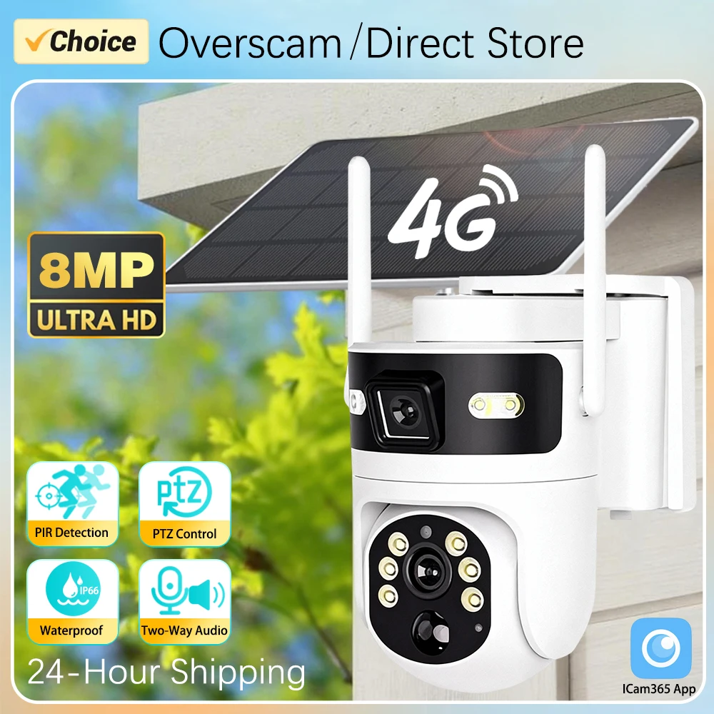 ICam365 Solar PTZ-Kamera 4G SIM-Karte Dual-Bildschirm Outdoor Solar-CCTV Doppellinse Akku 360 ° Solarbetriebene PIR-Erkennungs-Sicherheitskamera Image
