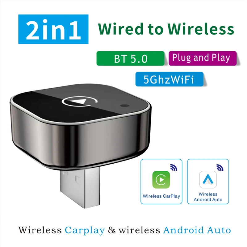 Neuer 2-in-1 Mini Wireless CarPlay und Android Auto Adapter 5GHz WiFi, Typ-C/USB Plug and Play Smart Box für Autozubehör Dongle Image