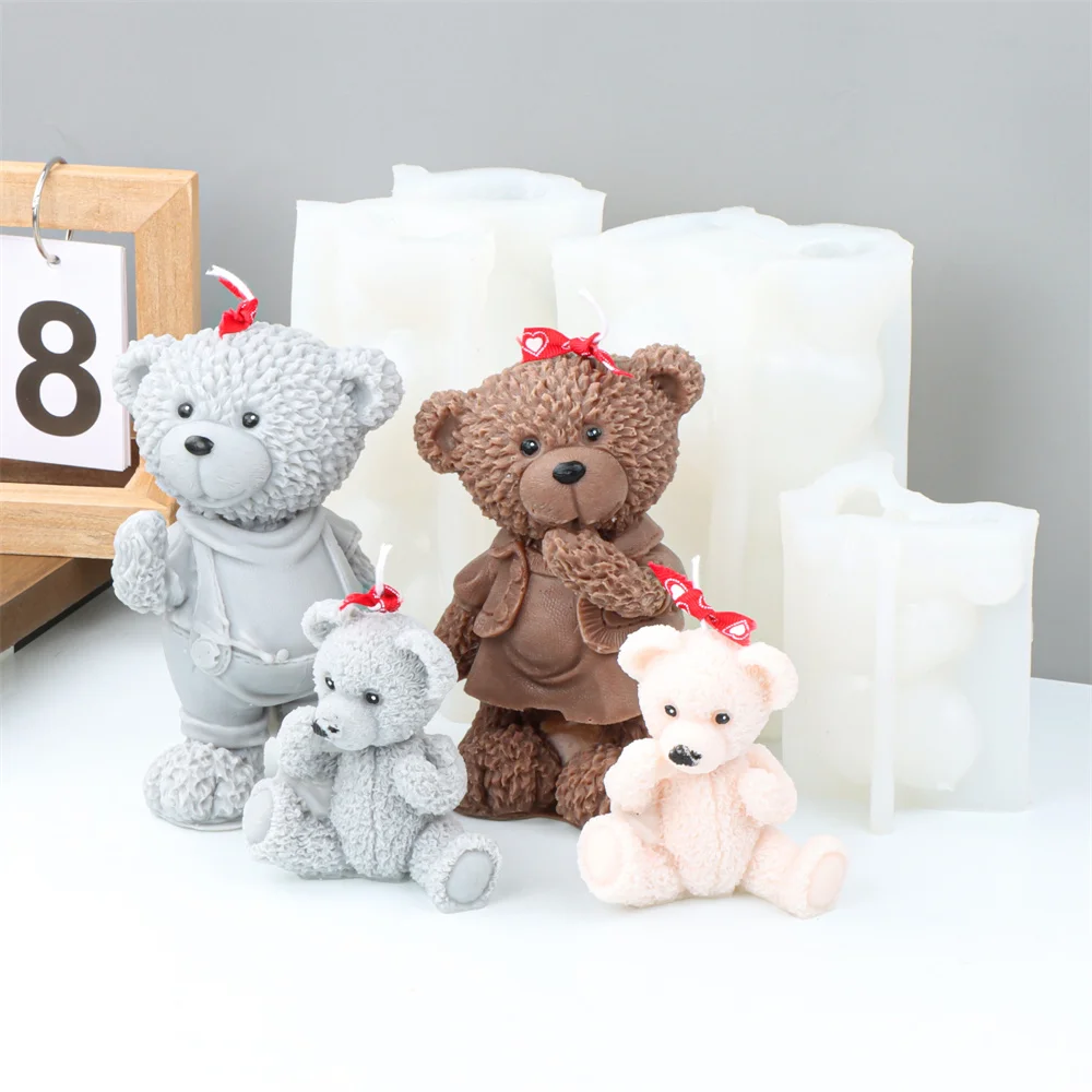 Familie Teddybär Silikonform Handwerk Duftkerze Seife Gips Fliege Bär Familie 3D Bären Tierdekoration Image