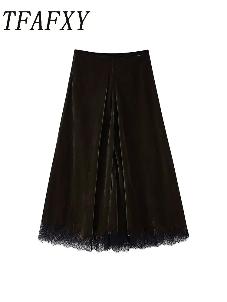 TFAFXY frauen Spitze Splice Röcke Frauen Herbst Neue Mode Freizeit Einfarbig Röcke Frauen Elegante Hohe Taille Röcke Y2K Image