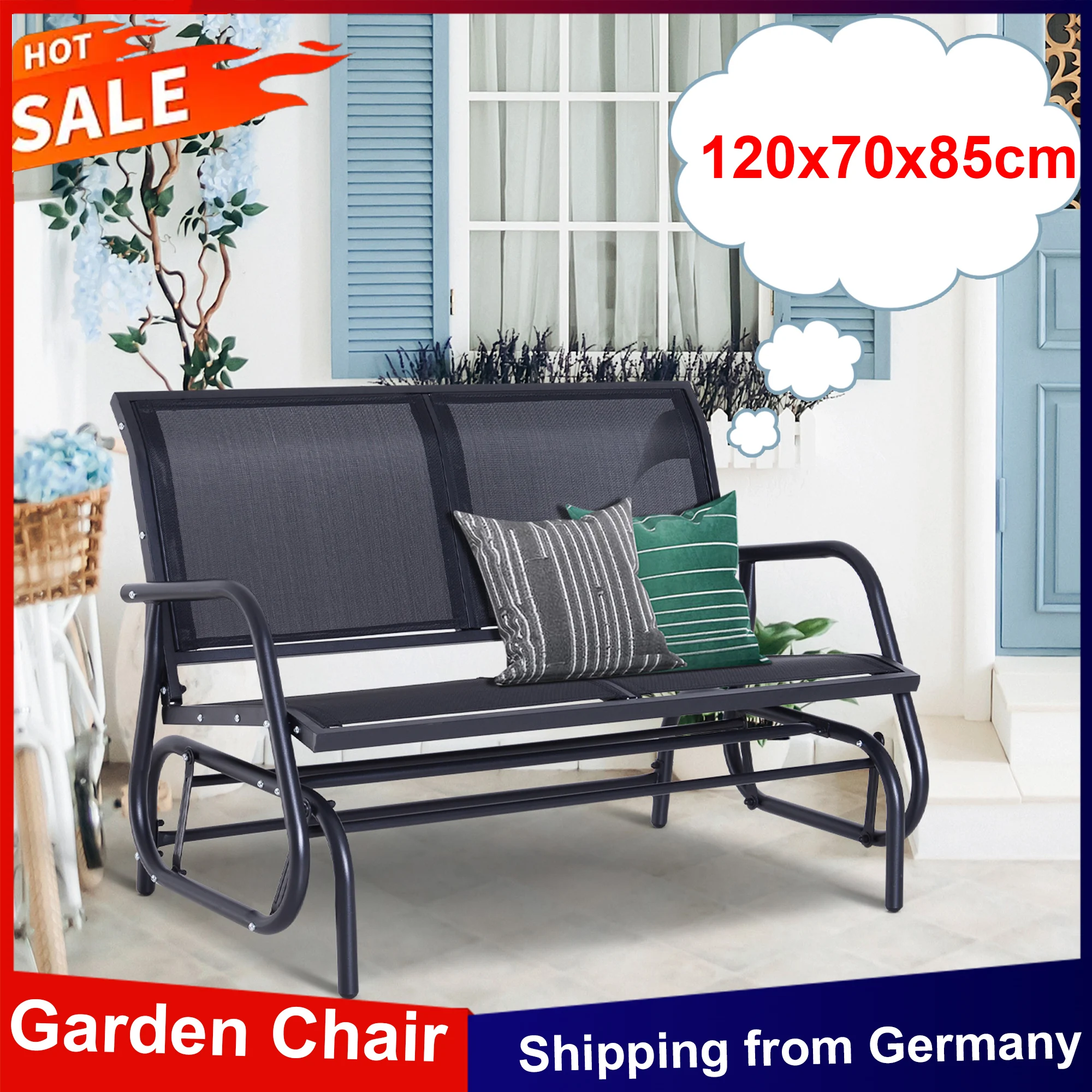 Anajqaqia chaise de jardin chaise à bascule, banc de jardin 2 places, balançoire en métal, banc de parc, meubles de jardin avec dossier en maille, noir