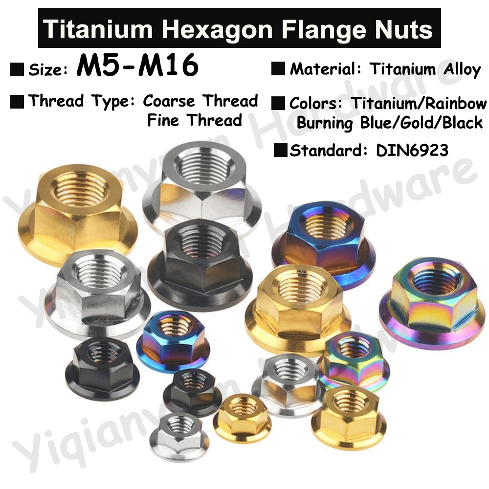 Yiqianyuan Sechskantmuttern aus Titanlegierung mit Flansch DIN6923 Grobes/feines Gewinde M5 M6 M8 M10 M12 M14 M16 Bunte Flanschmuttern Image