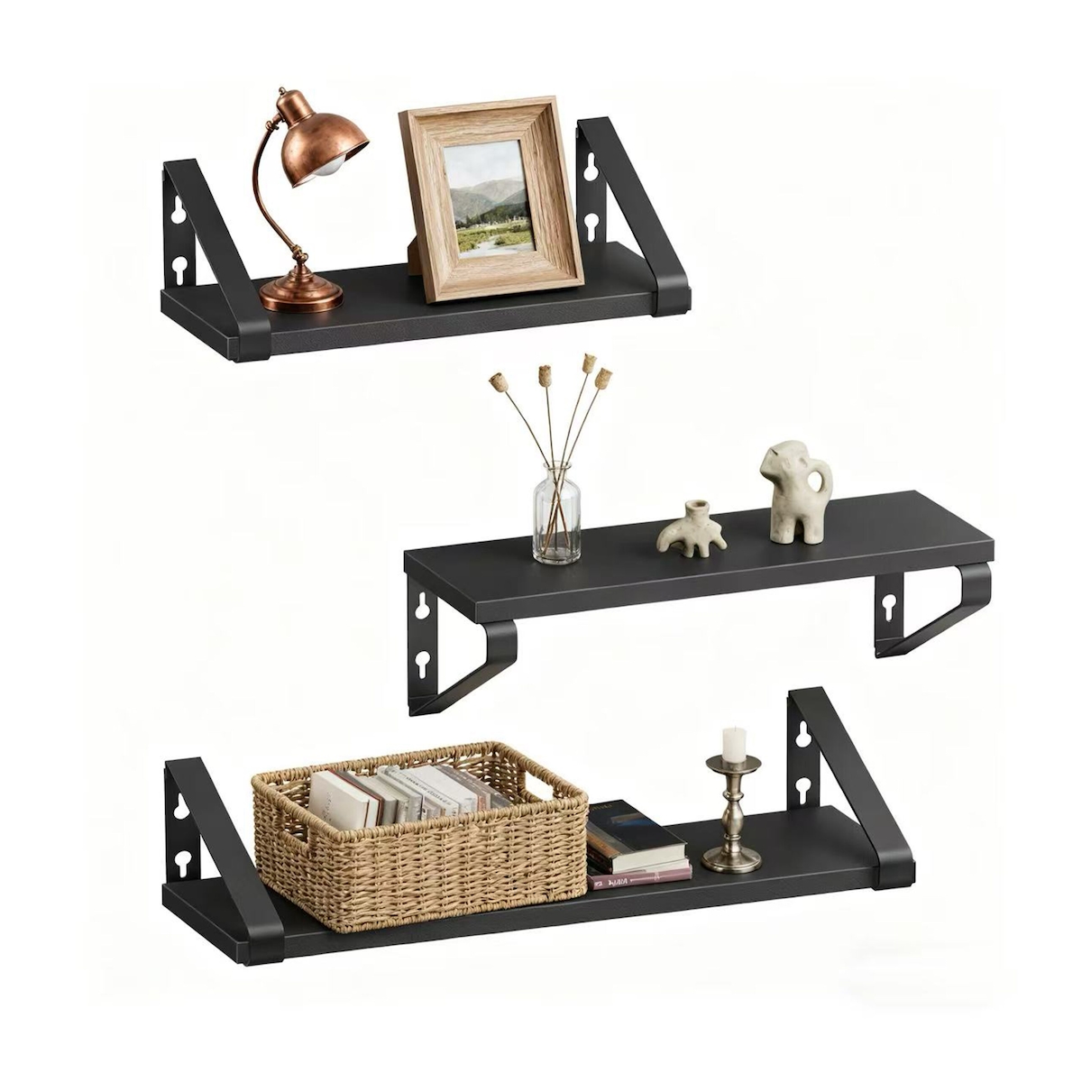Relaxdays Wandregal, 3er Set, 3 Größen: 30, 35, 40 cm Breite, Holzoptik & Metall, Wandbretter für Bücher & Deko, schwarz Image