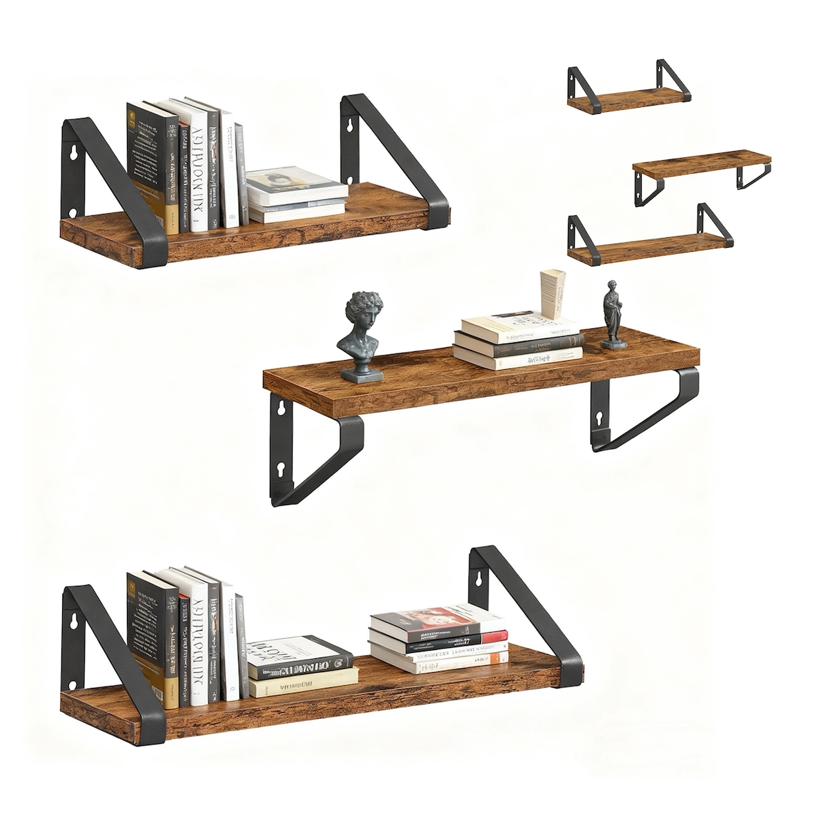 Relaxdays Wandregal, 6er Set, 3 Größen: 30, 35, 40 cm Breite, Holzoptik & Metall, Wandbretter für Bücher & Deko, braun Image