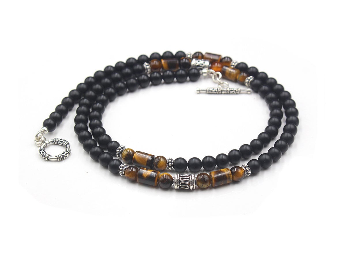 Collana da uomo, Collana in onice nero opaco e occhio di tigre, Collana di perline da uomo, Collane da uomo, Collana di perline da uomo, Collana da uo