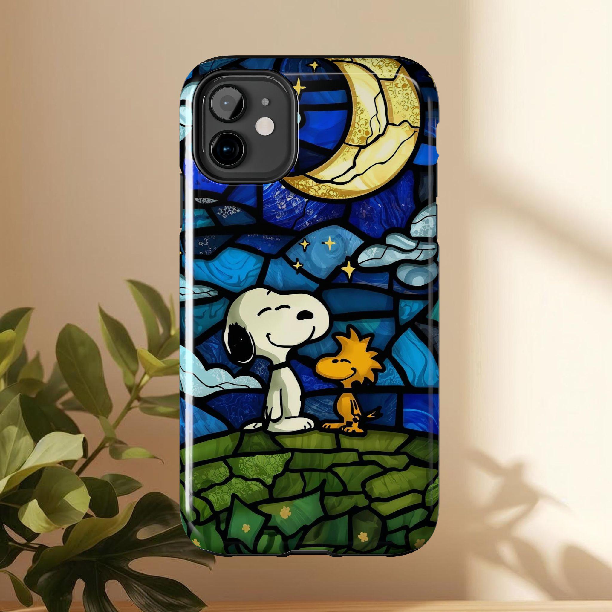 Custodia per telefono in vetro colorato Snoopy e Woodstock / Custodia resistente per telefono