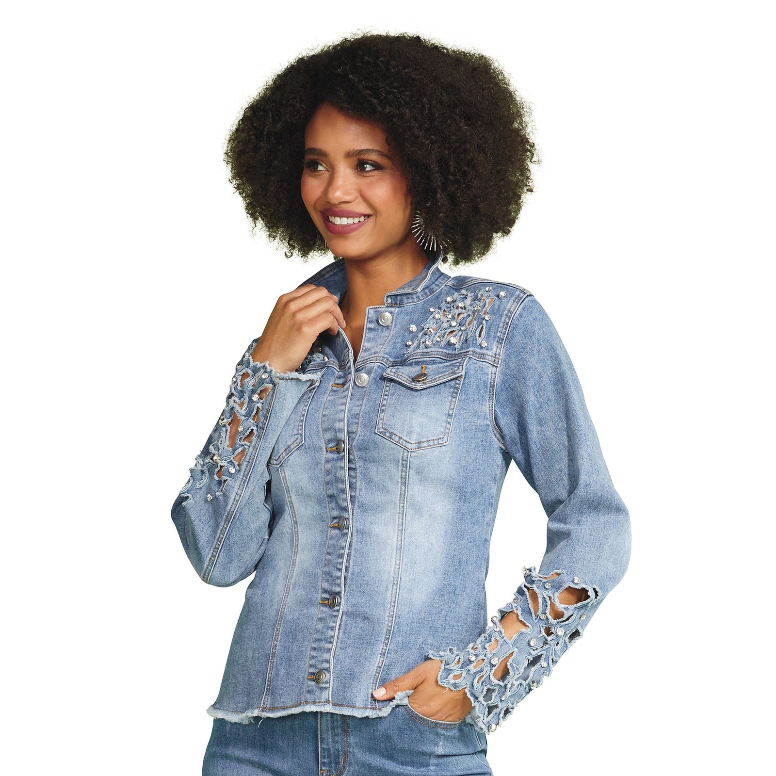 Masseys Cutout Rhinestone Denim Jacket (Size XL) Medium Wash, Cotton,Polyester,Spandex