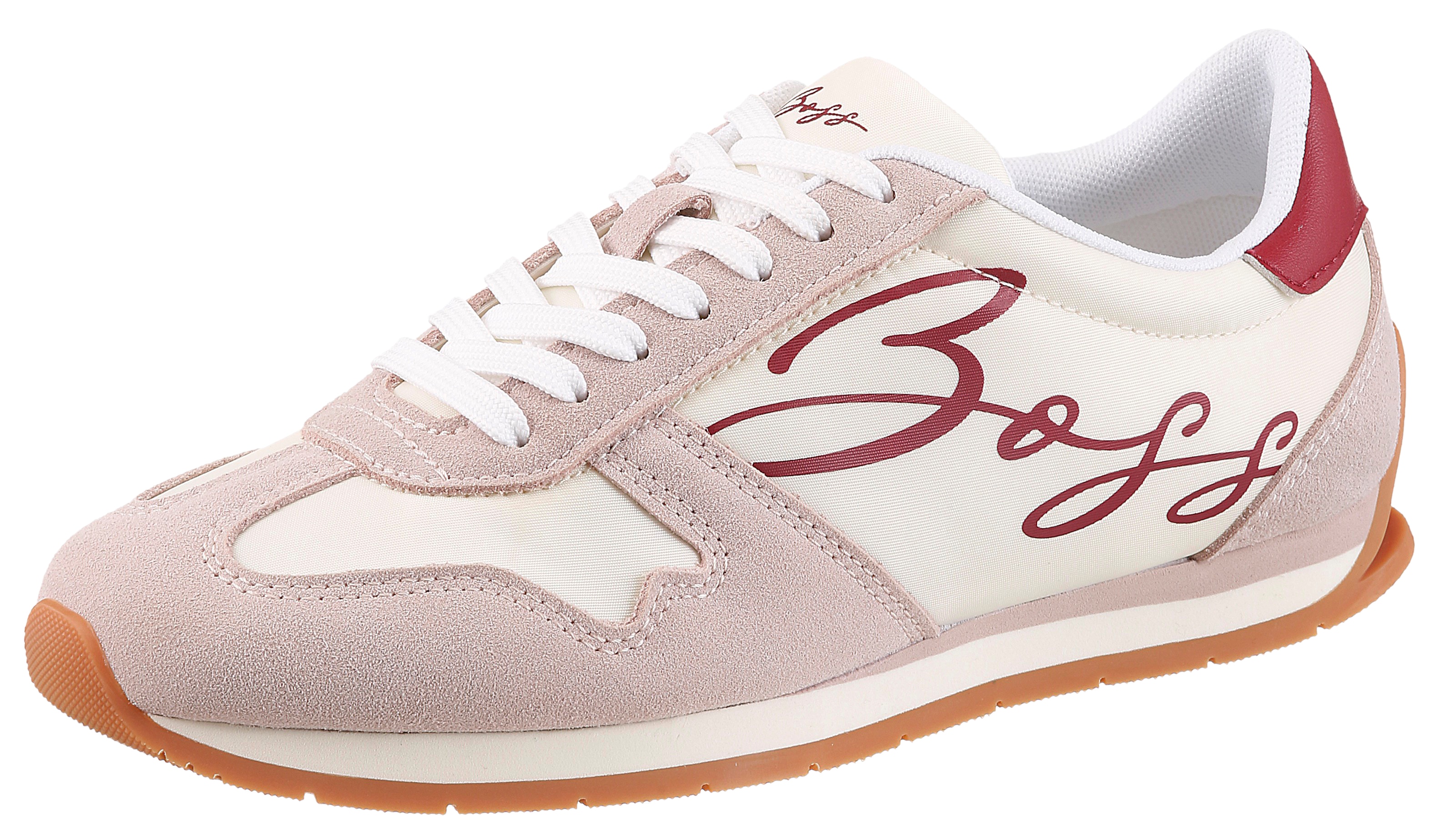 Sneaker BOSS ORANGE "Levon Runn", Damen, Gr. 40, weiß, natur, bordeaux, Lederimitat, Textil, Schuhe Sneaker, Freizeitschuh, Halbschuh, Schnürschuh mit leichter Laufsohle