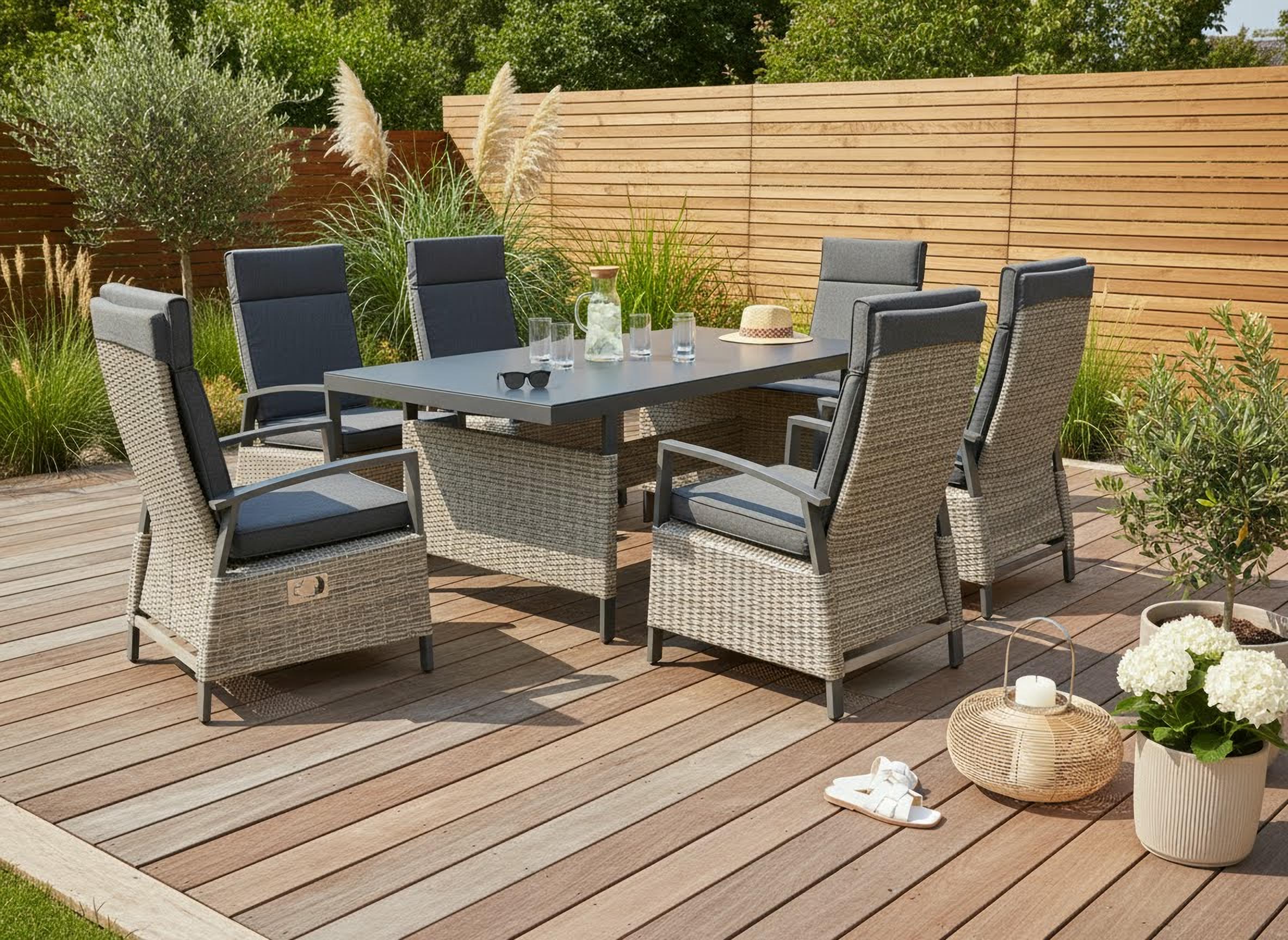 Garten-Essgruppe KONIFERA "New Monaco", grau, dunkelgrau, beige, verstellbare Rückenlehne, Aluminium, Glas, Wicker/Kunststoffgeflecht, Sitzmöbel-Sets, bestehend aus 1 Tisch, 6 Sesseln und 6 Sitzauflagen