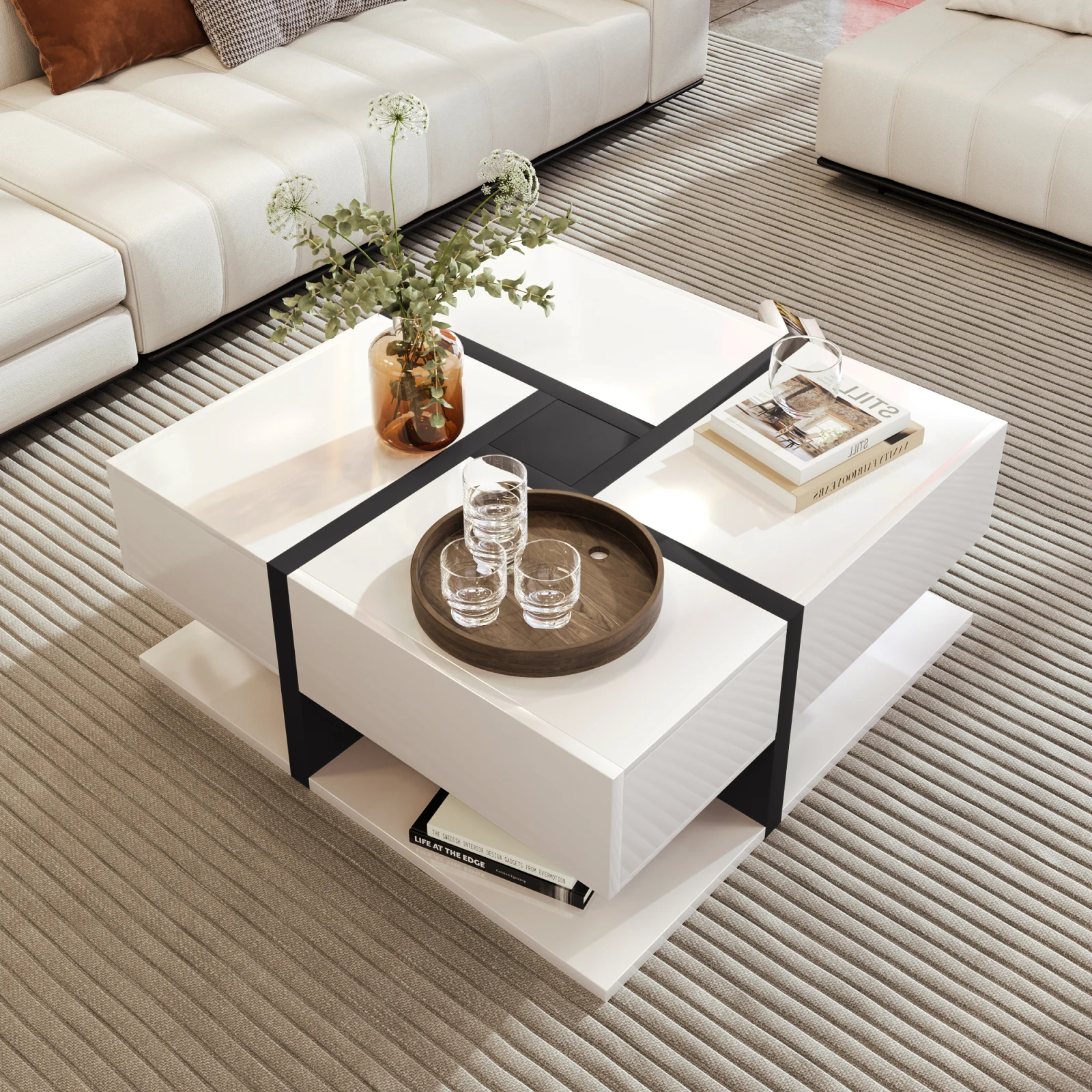 Rosahqnda Couchtisch, quadratischer Wohnzimmertisch, Sofatisch mit 4 Schubladen, Beistelltisch, multifunktionaler Stauraum, 78 x 78 x 36 cm