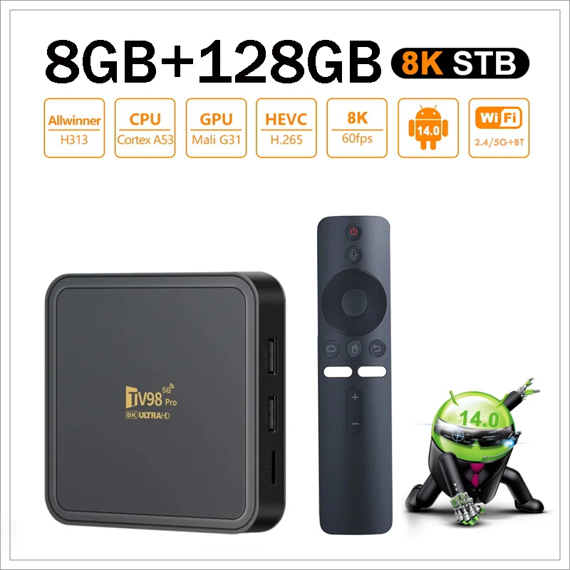 TV98 Pro TV Box Android 14 Allwinner H313 Quad Core 8GB 128GB Unterstützung HD 8K 4K 4G 5G Wifi6 BT5.0 Sprachfernbedienung Player Smart IPTV Image