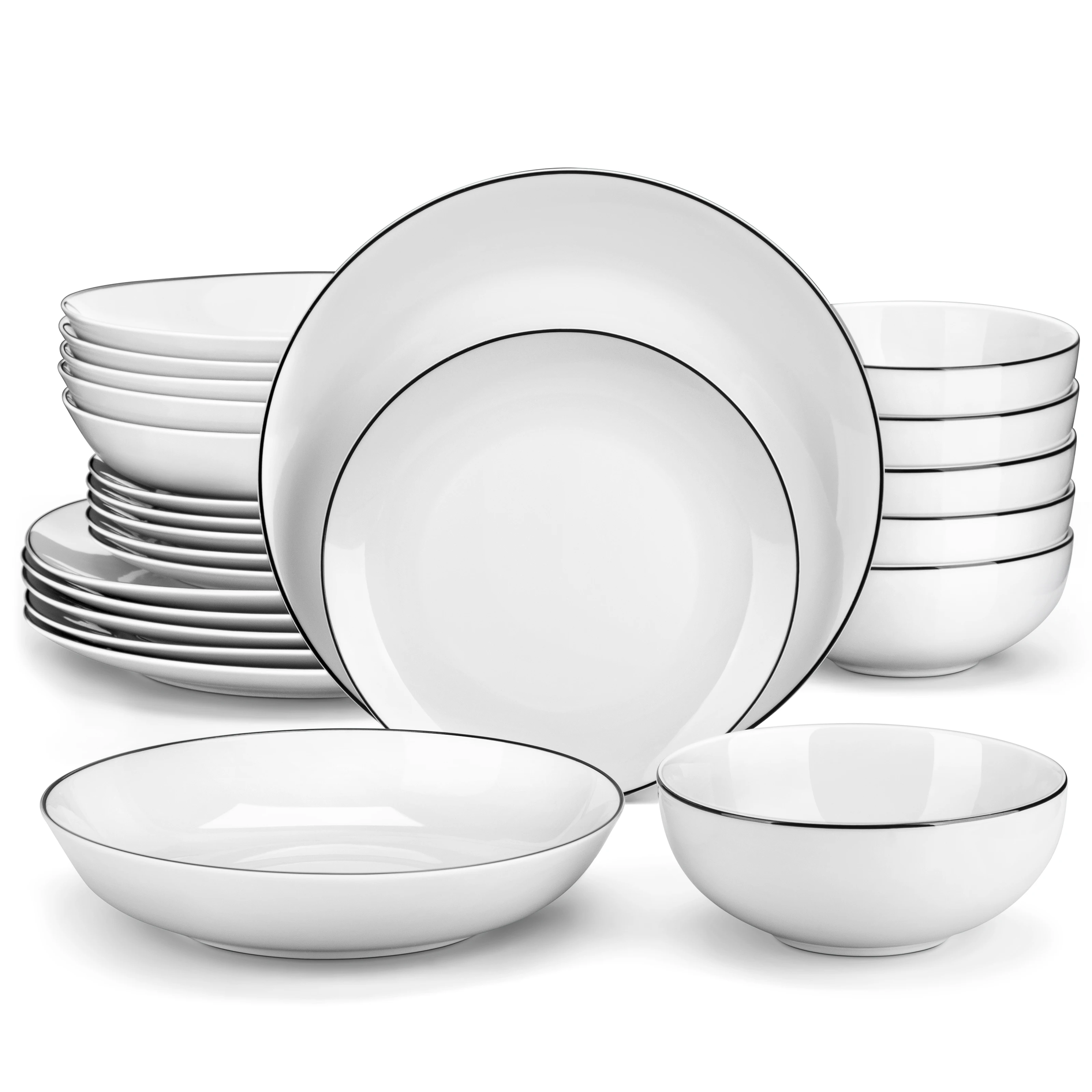 MALACASA Set di stoviglie in ceramica da 24 pezzi con bordo nero Set di piatti in porcellana bianca con 4 piatti piani/dessert/piatti da zuppa/cucina
