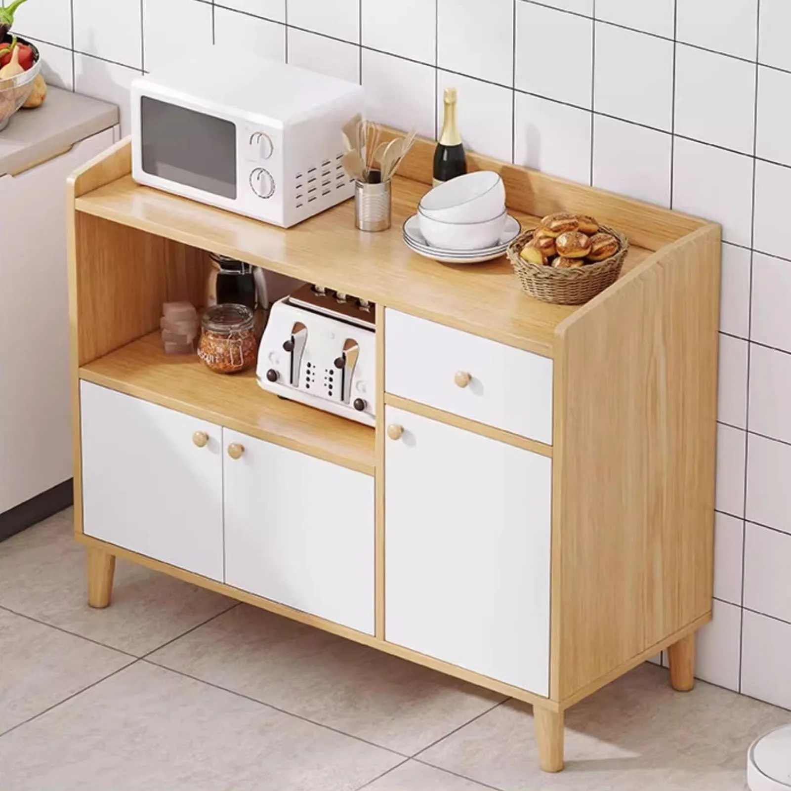 Holzschrank, Esszimmerschrank, Teeschrank, Holz, multifunktional, 3 Türen, 1 Schublade, 90 x 30 x 82 cm, Aufbewahrungsschrank für Kochgeschirrflaschen Image