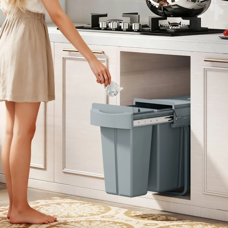 Ausziehbarer Abfallbehälter, Küchenabfallbehälter mit 2 herausnehmbaren Eimern, Griff, 30 Liter (20 L+10 L), Metall, grau