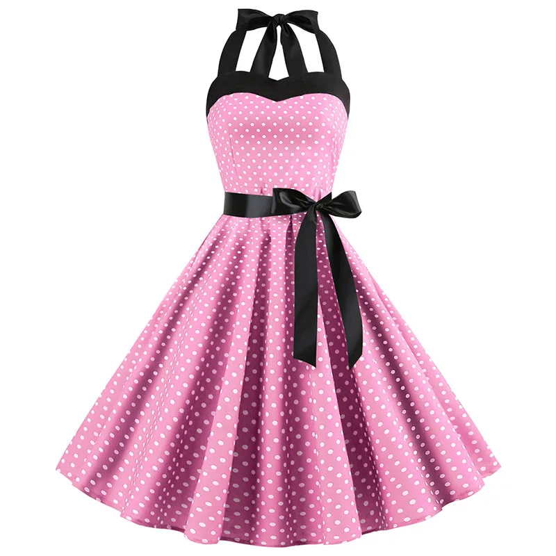 Sexy Retro Weiß Polka Dot Kleid Hepburn Vintage Neckholder Partykleid 50er 60er Pin Up Rockabilly Robe