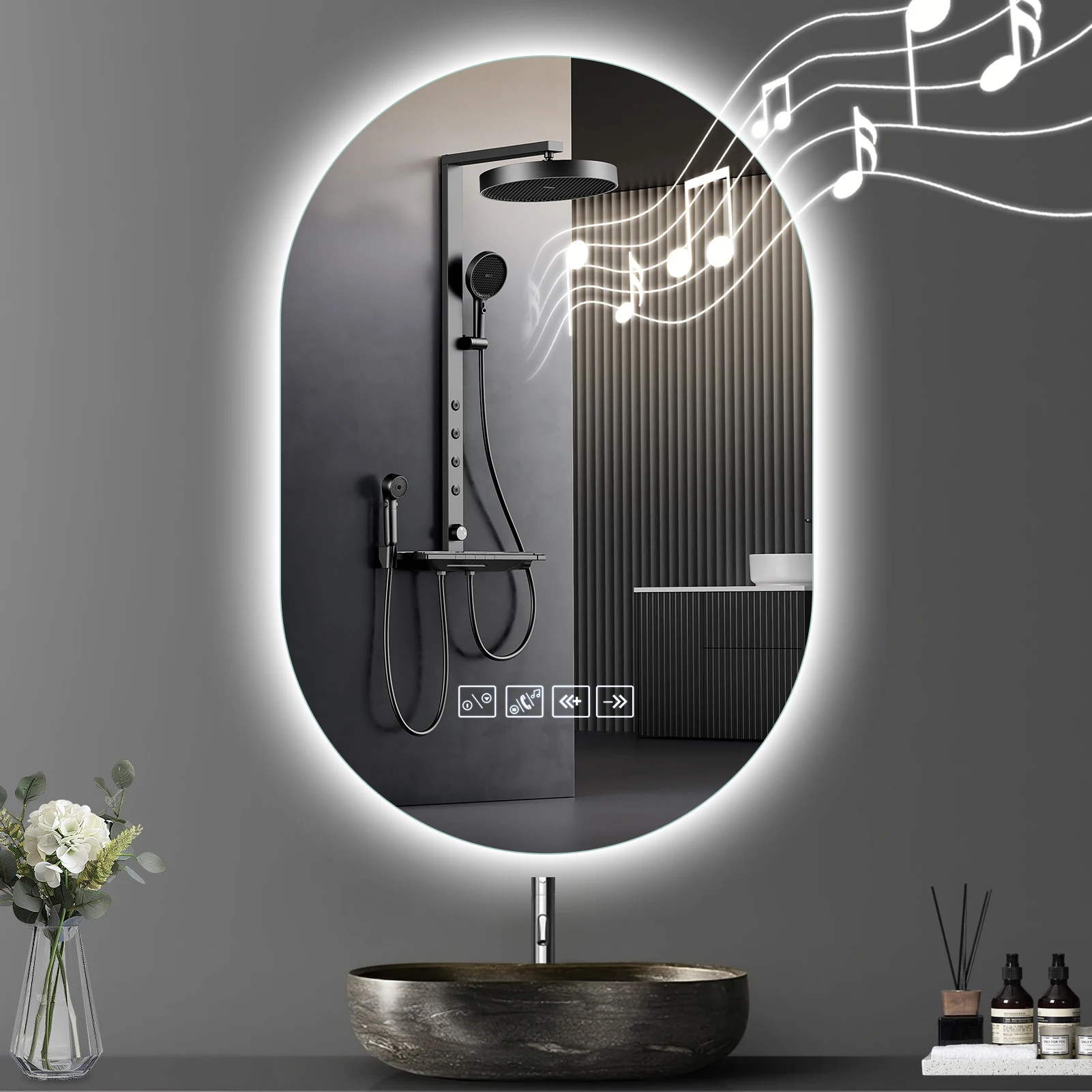 Ovaler LED-beleuchteter Badezimmerspiegel mit Bluetooth-Lautsprecher, intelligenter LED-Waschtisch, 3 Farbtemperaturen, beschlagfreier Wand-Make-up-Spiegel