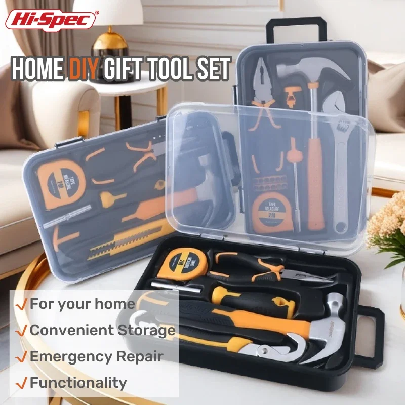 Hi-Spec – Kit d'outils cadeaux de bricolage, ensemble d'outils de réparation domestique, tournevis, boîte à outils, clé, pince, marteau à griffes, outils pour usage domestique