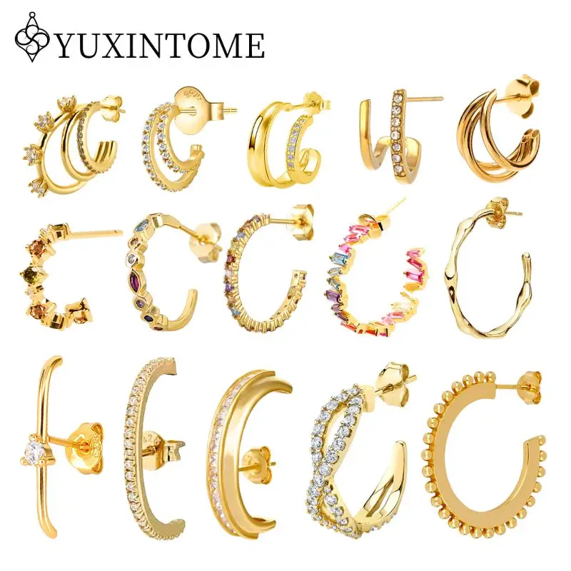 Damen-Ohrstecker aus 925er-Sterlingsilber, große C-Creolen, exquisiter Kristall, farbiger Zirkon, Gold, modischer Party-Huggie-Schmuck