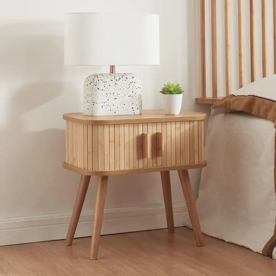 Nordkapp Nachttisch mit 2 Schiebetüren, Bambus-Nachttisch, Sofatisch, Holzbeine, Nachttisch, 48 x 30 x 45 cm