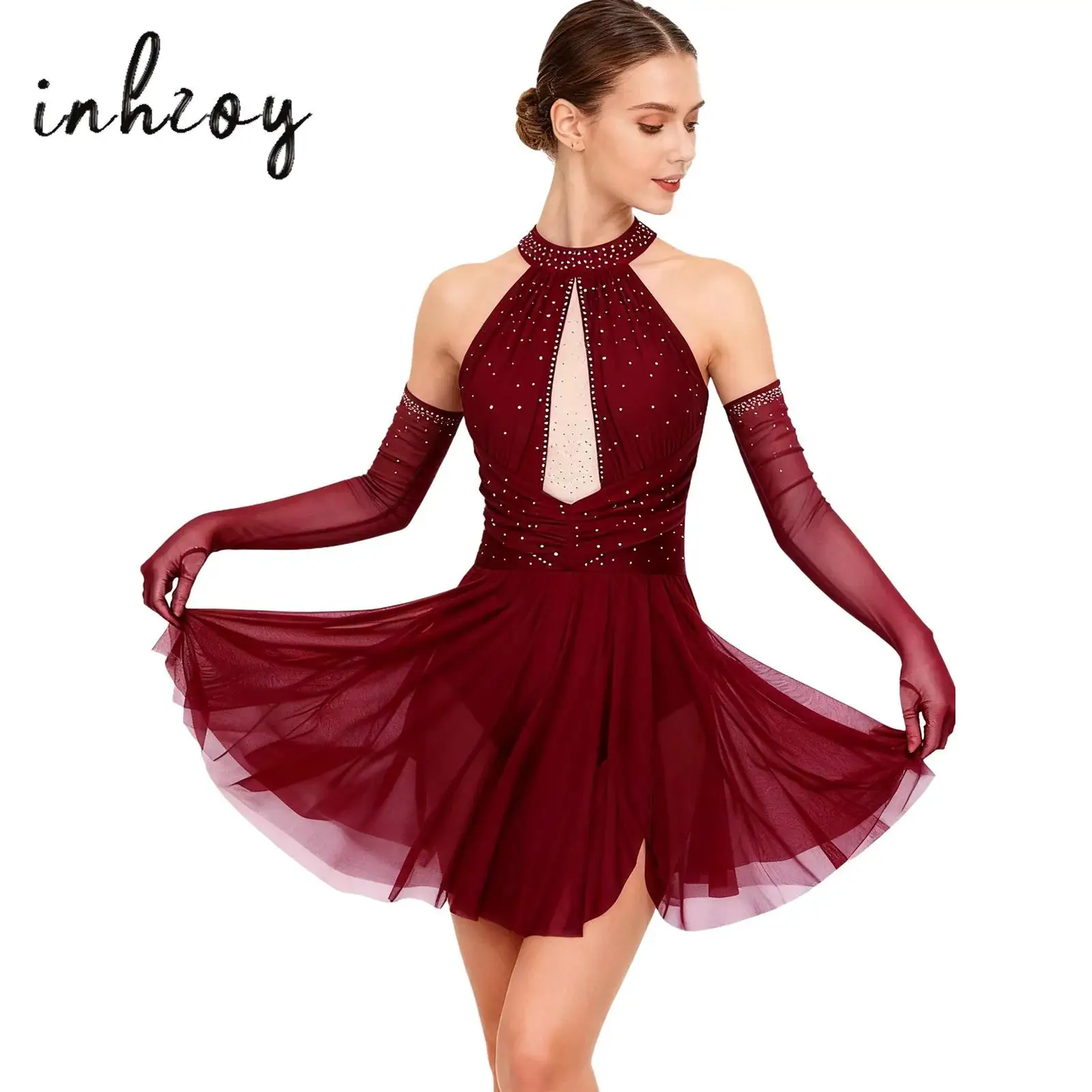 Lyrisches Ballettkleid für Damen, Eiskunstlauf-Tanzkostüm, ausgehöhltes, rückenfreies Strasskleid, integrierte Slips mit Handschuhen-Outfit Image
