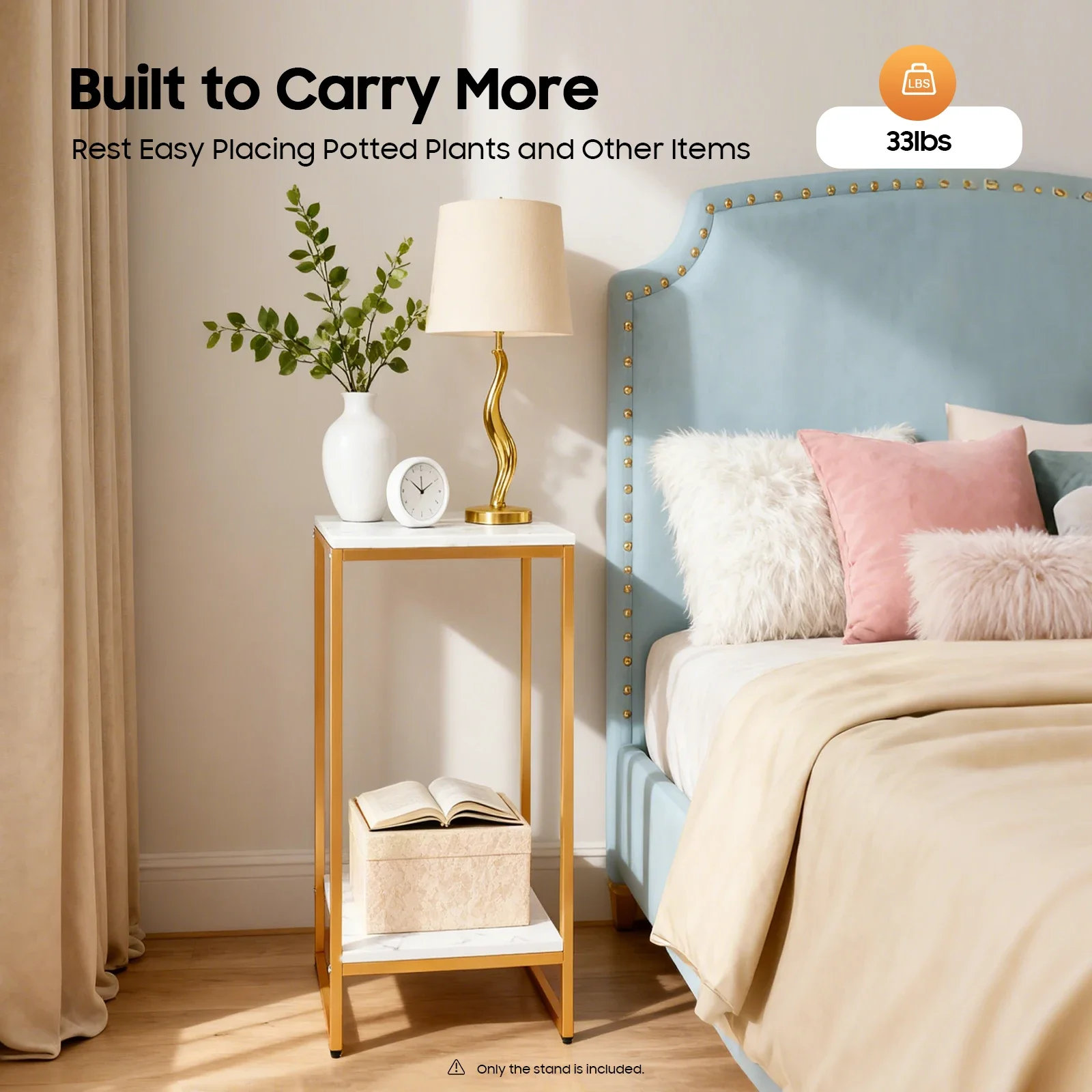 Blumenständer, 2 Stufen, Pflanzenständer, 75 cm hoch, Blumentopfständer aus goldenem Metall mit weißer Platte für Wohnzimmer, Schlafzimmer, Balkon Image