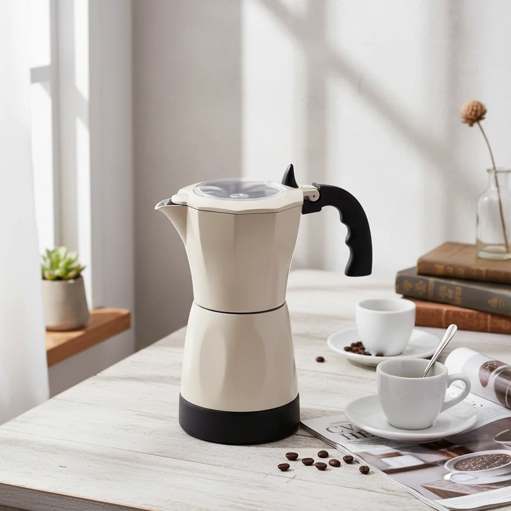 Elektrische Espressomaschine 300 ml, 480 W Herd-Moka-Kanne mit Sockel, 2,5 Bar für 1–6 Tassen, cremeweiß, 220 V EU-Stecker Image