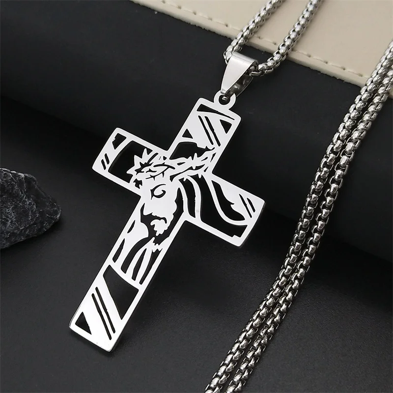 Cristo Dio Croce Gesù Corona di Spine Collana a catena da uomo Collana con crocifisso in acciaio inossidabile Gioielli colar masculino N7074S02