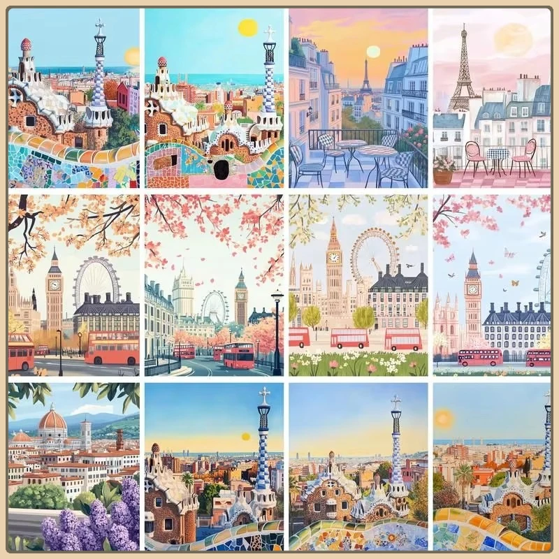 Malen nach Zahlen für Erwachsene, handgemalt, Stadtlandschaft, Malen nach Zahlen, Bild, Zeichnung, Wandkunst, Kunstwerk, rahmenlos Image