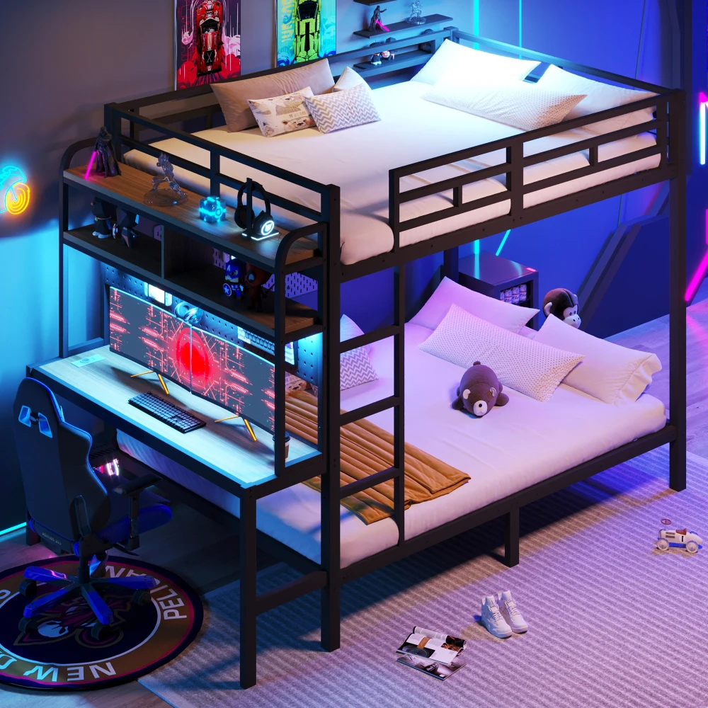 140 x 200 cm großes Kinder-Etagenbett, mit LED-Lichtleiste und USB-Anschluss, Bett mit Eisenrahmen mit Sicherheitsgelängen, Leiter und Schreibtisch, ohne Matratze Image