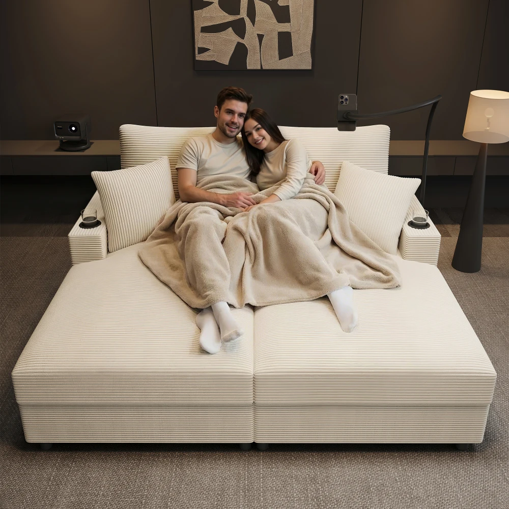 Doppelschlafsofa mit Schlaffunktion, gepolsterter Liegefunktion, Handyhalter, USB-Anschluss und Getränkehalter Image