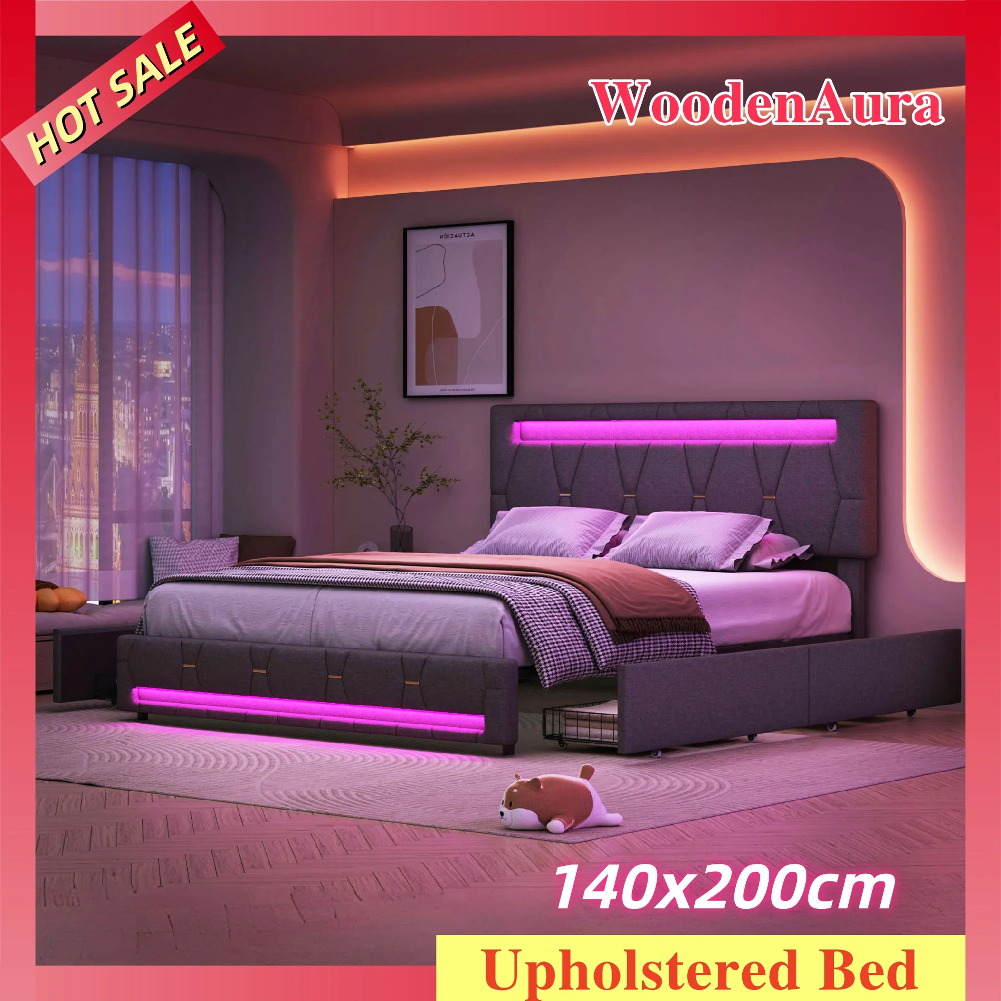 WOODENAURA Bett 140x200cm, Bett mit Stauraum, LED-Beleuchtung, Schubladen und Lattenrost, Leinengrau, Jugendbett/Gästebett Image