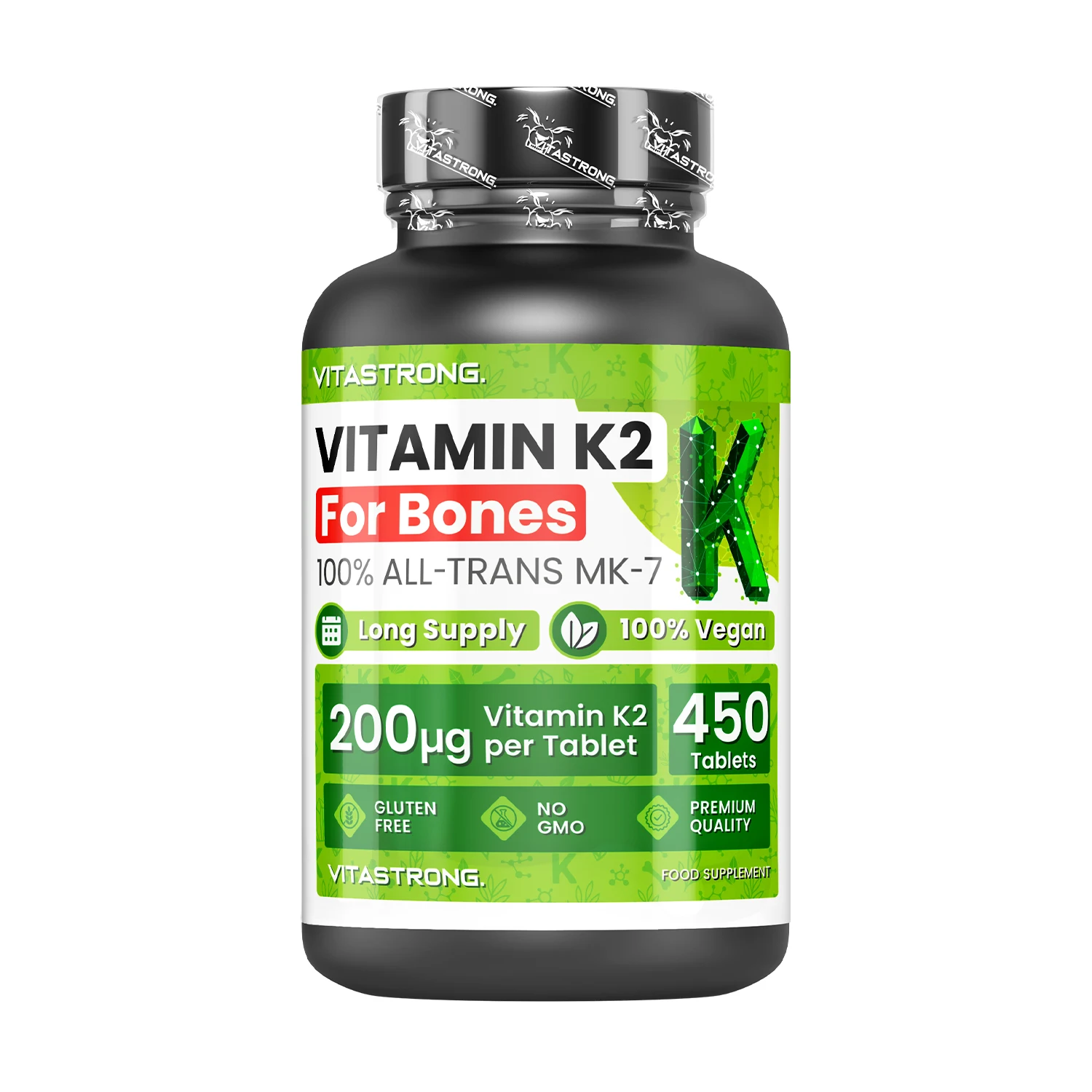 VitaStrong Vitamin K2 200 mcg, hohe Leistung, 1 täglich, 450 Tabletten, Knochengesundheit, Knochen- und Muskelunterstützung, Nahrungsergänzungsmittel, Premium-Qualität, 100 % vegane und saubere Formel Image