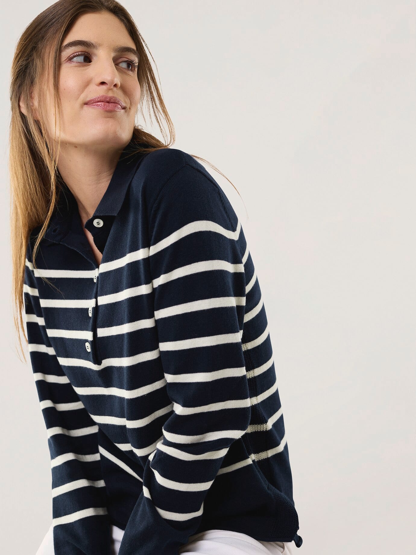 Walbusch Damen Polo-Pullover mit Seide Blau gestreift