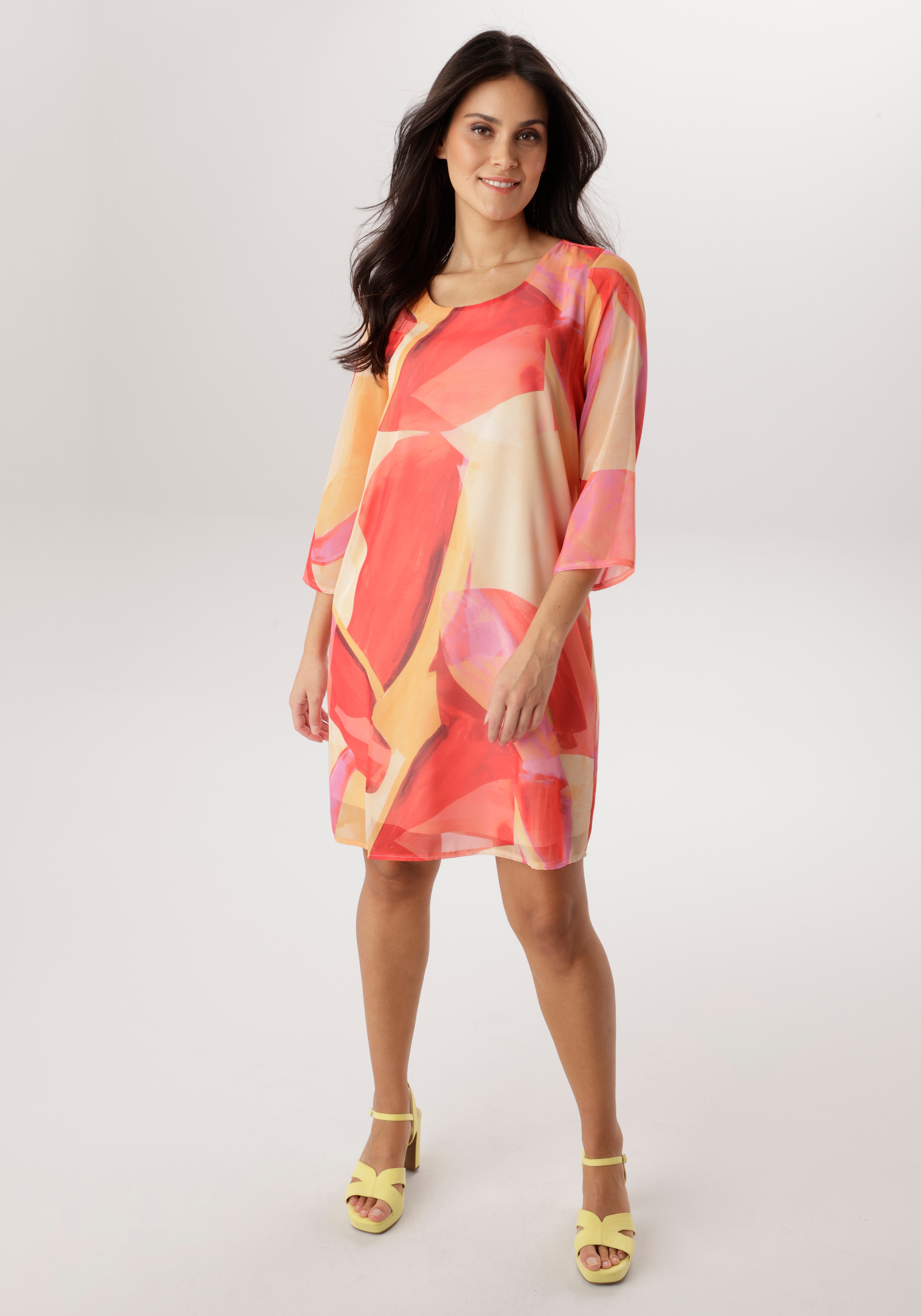 Chiffonkleid ANISTON SELECTED, Damen, Gr. 46, N-Gr, gelb, rot, orange, rosa, braun, sand, Chiffon, Obermaterial: 100% Polyester. Futter: 95% Viskose, 5% Elasthan, bedruckt, gemustert, figurumspielend kniefrei, Rundhals, Kleider Chiffonkleid, aus...