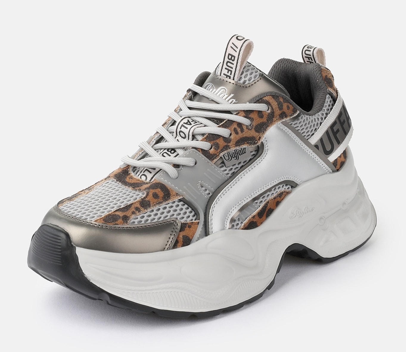 Plateausneaker BUFFALO "Yuno one", Damen, Gr. 40, weiß, silberfarben, leo, Lederimitat, Textil, animal-print, metallic, Schuhe Plateausneaker, Halbschuh, Schnürschuh, Retro-Sneaker mit Memory Foam Innensohle