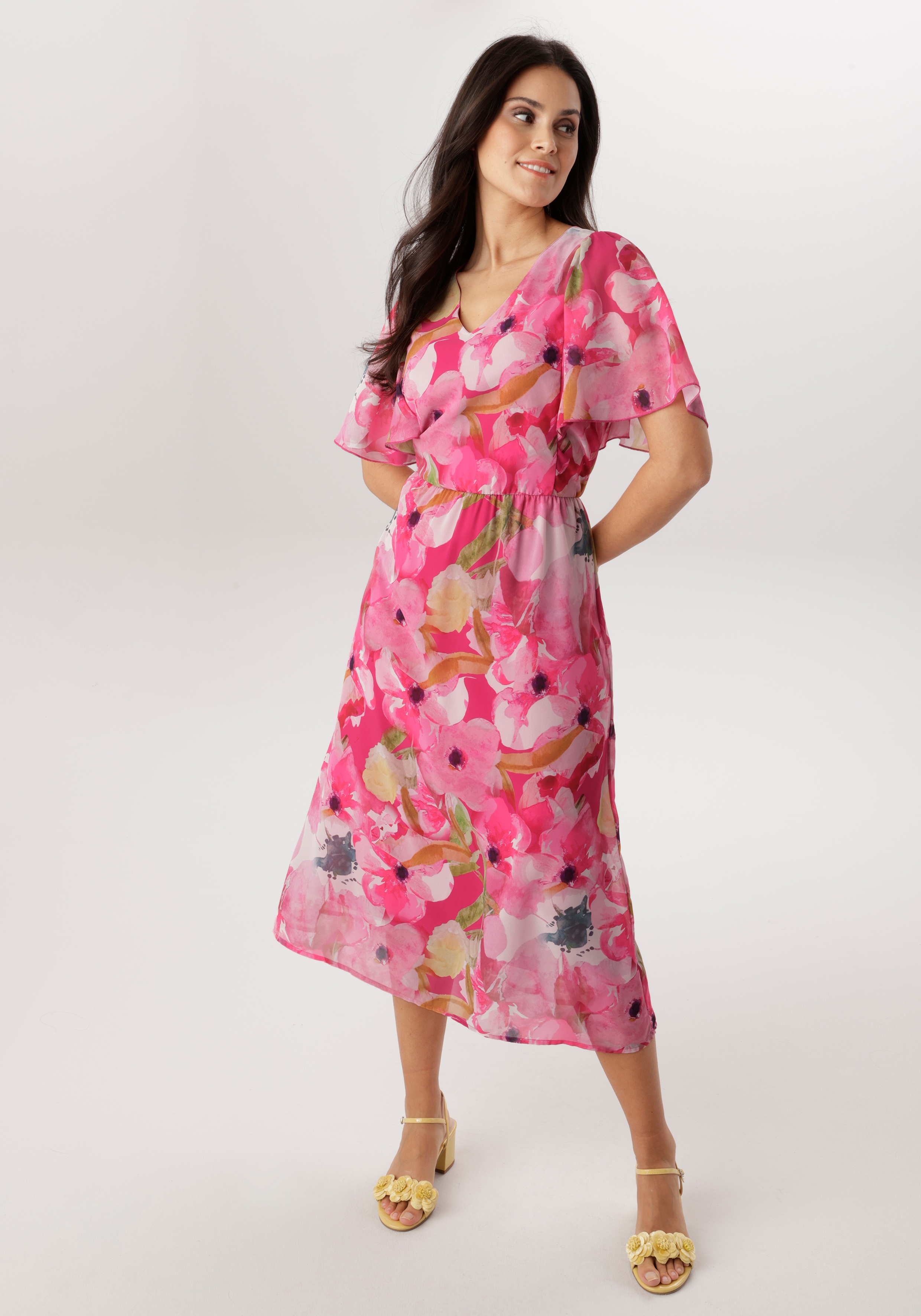 Midikleid ANISTON SELECTED, Damen, Gr. 48, N-Gr, pink, rosa, hellpink, kiwigrün, schwarz, gelb, Chiffon, Obermaterial: 100% Polyester. Futter: 100% Polyester, bedruckt, geblümt, gemustert, figurumspielend wadenlang, V-Ausschnitt, abgesteppte Kante,...