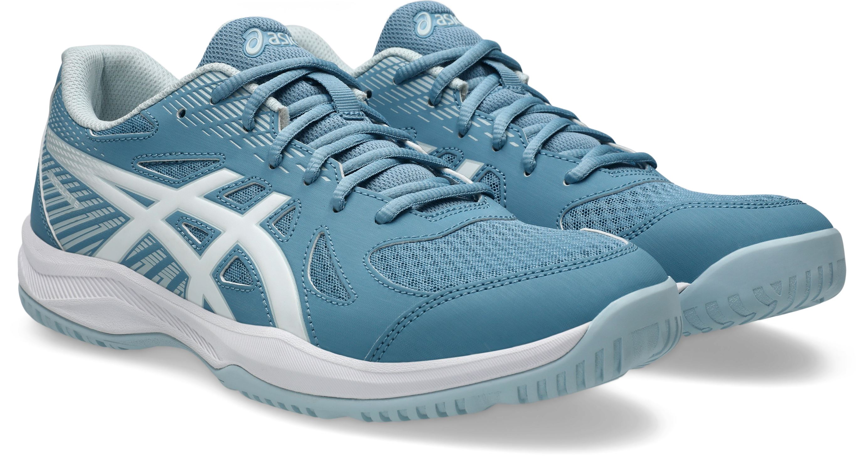Hallenschuh ASICS "UPCOURT 6", Damen, Gr. 48, saba blau, weiß, Textil, Schuhe Hallenschuh, besonders geeignet für Handball und Volleyball