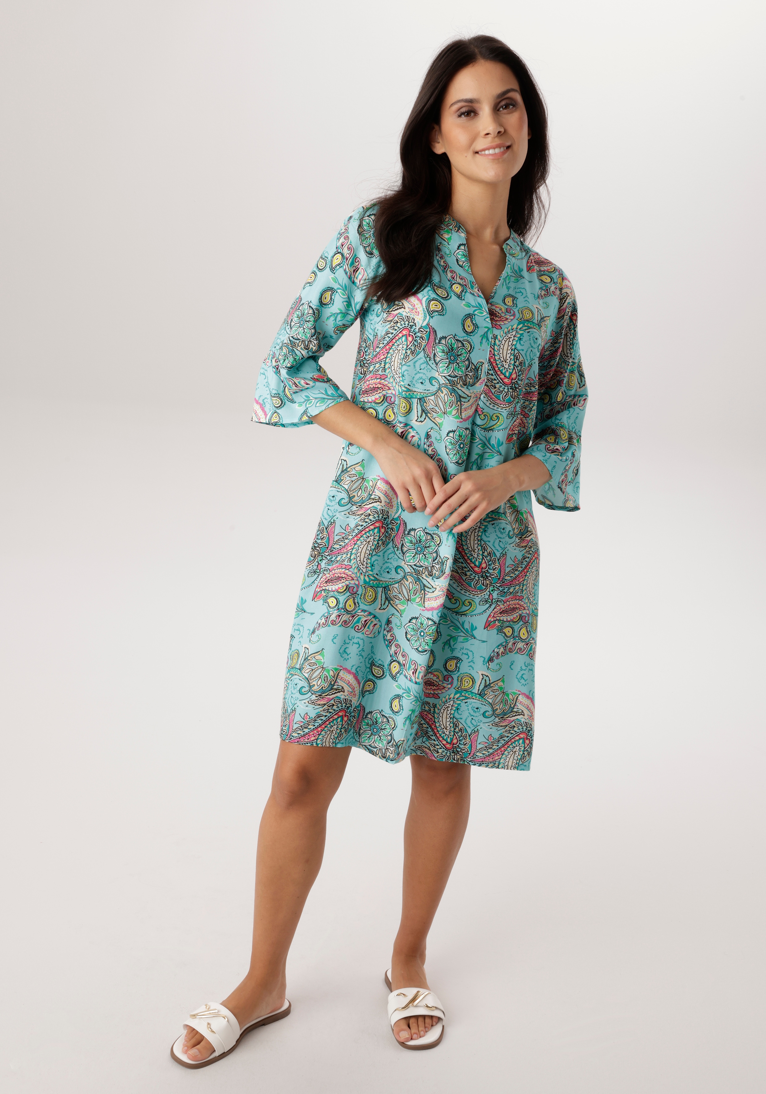 Blusenkleid ANISTON SELECTED, Damen, Gr. 40, N-Gr, türkis, grün, pink, gelb, beige, schwarz, Web, Obermaterial: 100% Viskose, Paisley, bedruckt, geblümt, gemustert, mehrfarbig, lässig geschnitten knieumspielend, V-Ausschnitt, Trompetenärmel Volant,...