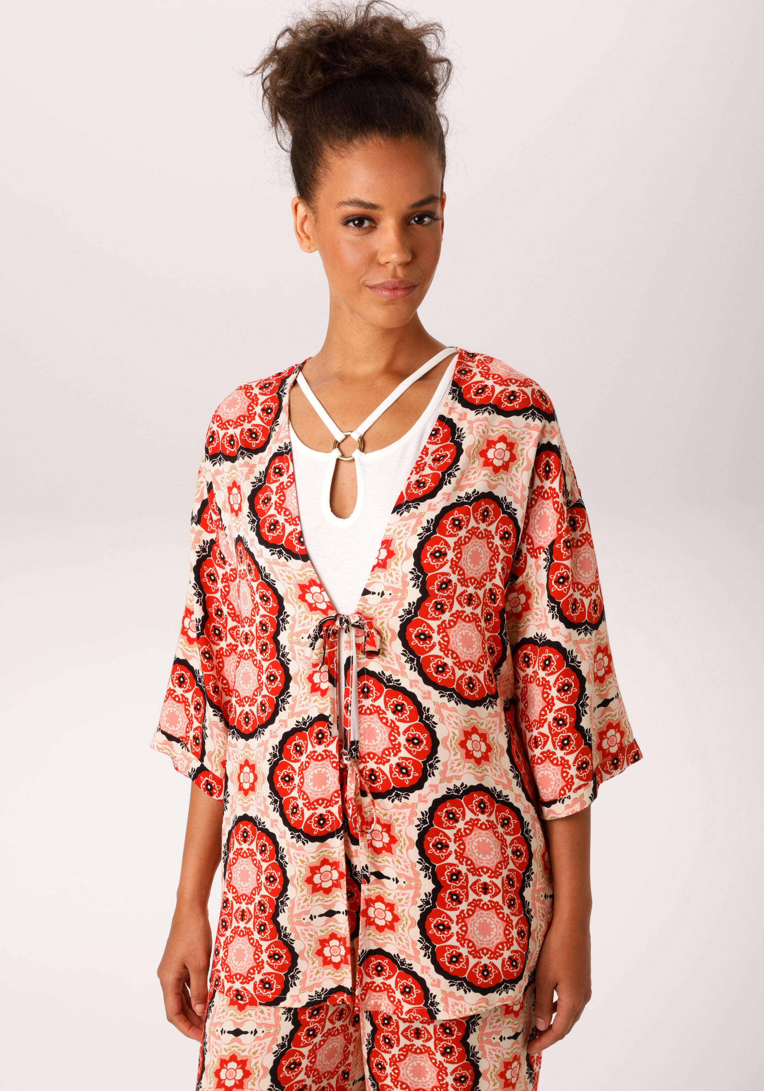Blusenkimono ANISTON CASUAL, Damen, Gr. 40, bunt (wollweiß, rot, schwarz, rosa, khaki), Web, Obermaterial: 100% Viskose, bedruckt, gemustert, figurumspielend Po-bedeckend, V-Ausschnitt, Umschlagbund, Blusen, mit fantasievollem Mandala-Druck - NEUE...