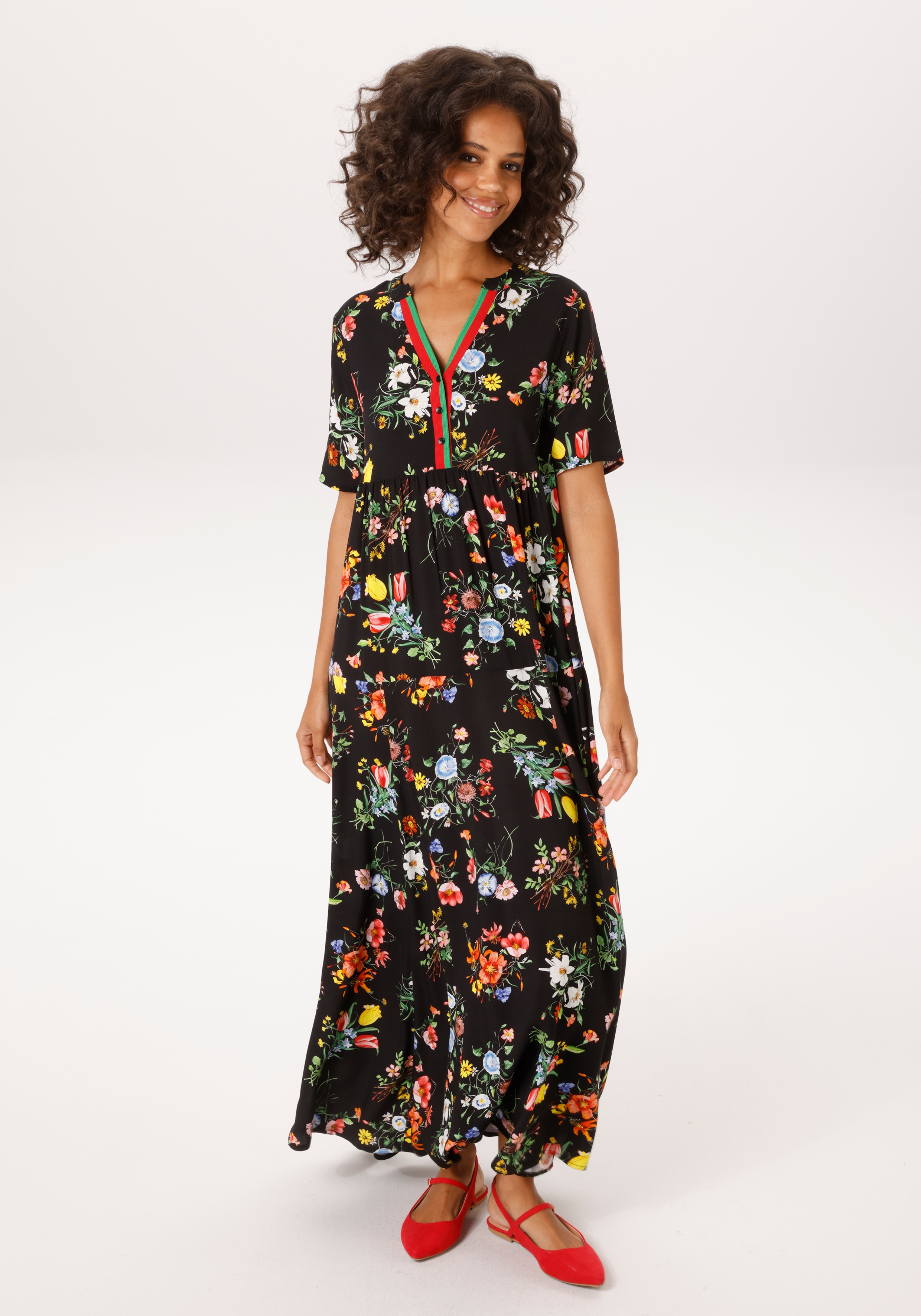 Sommerkleid ANISTON CASUAL, Damen, Gr. 46, N-Gr, schwarz, rotgrün, gelb, rosa, blau, orange, weiß, Web, Obermaterial: 100% Viskose, bedruckt, geblümt, gestreift, lässig geschnitten knöchellang, V-Ausschnitt, Kleider Sommerkleid, mit farbenfrohen...