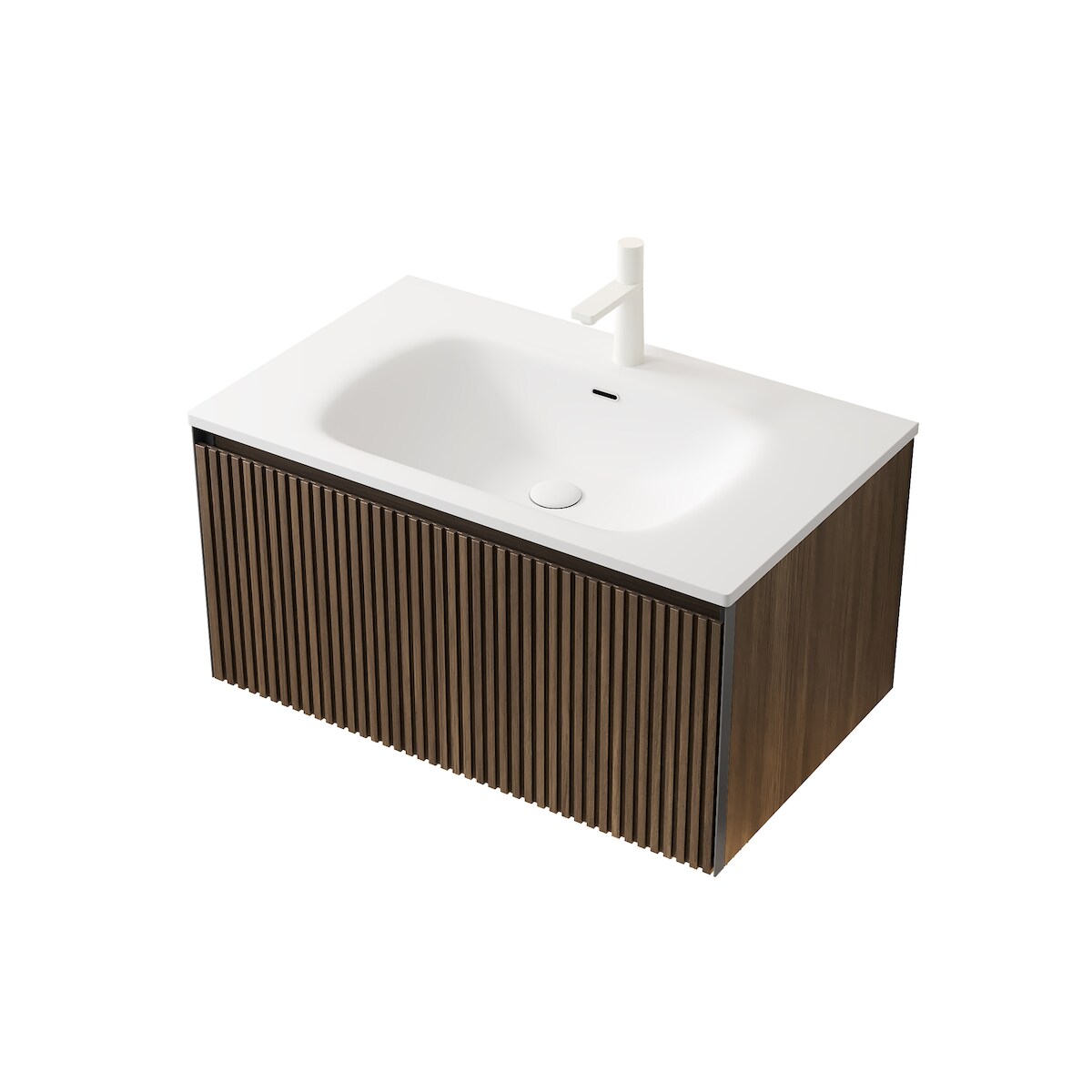 MODFU Badezimmer-Waschtisch 42×80×46 cm mit integriertem weißen Keramikbecken und braunem Eichenholz-Sperrholzschrank Image