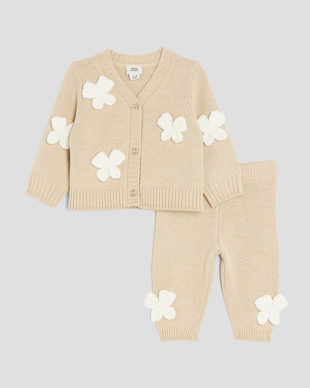 River Island Baby Girls Cardigan Set Beige Crochet Bow - Size 0-3M | River Island Sale | Discount Designer Brands