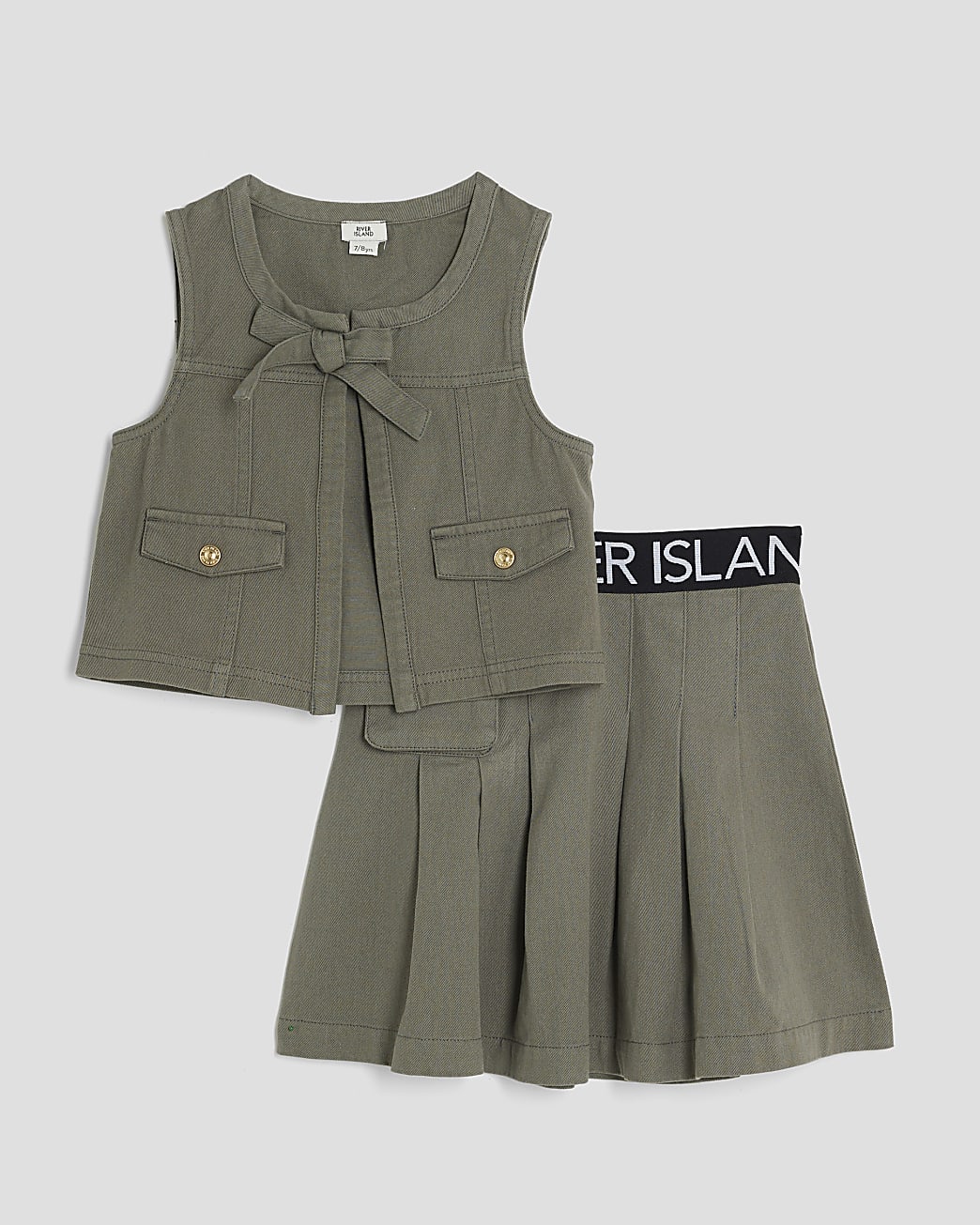 River Island Girls Gilet & Skirt Set Khaki RI Waistband Cotton - Size 11-12Y | River Island Sale | Discount Designer Brands
