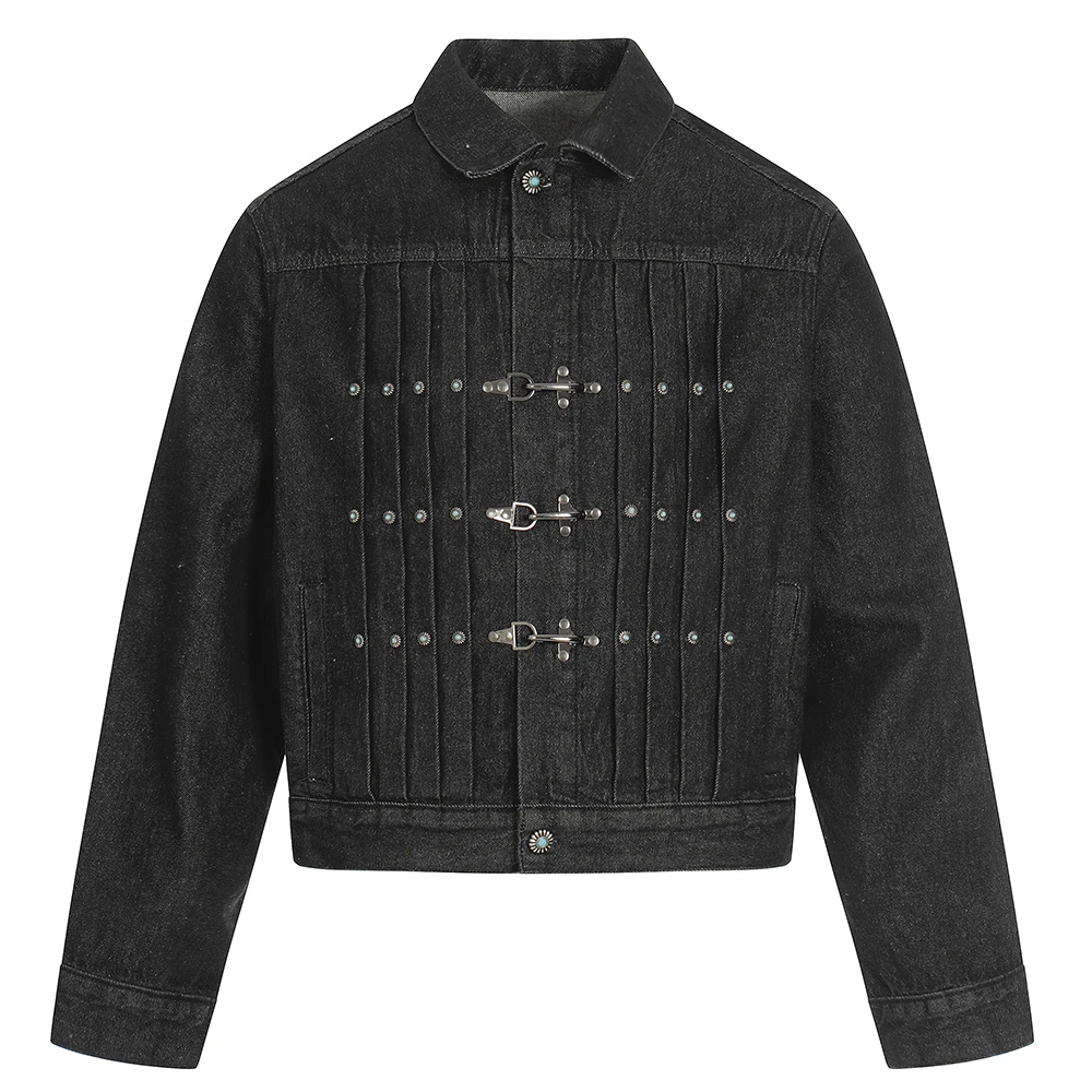 Männer Vintage Denim Jacke Flugzeug Schnalle Türkis Knopf Mantel Casual American Retro Streetwear Schwarz Top Oberbekleidung