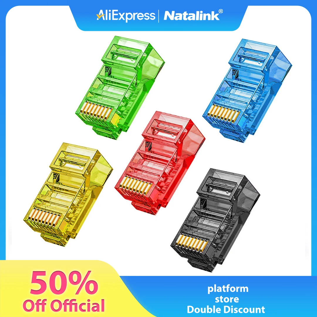 Natalink RJ45 CAT6 CAT5e Durchsteck-Modularstecker 8P8C Kristallende Vergoldet für UTP-Netzwerkkabel (Massiv- oder Litzenleiter) Image
