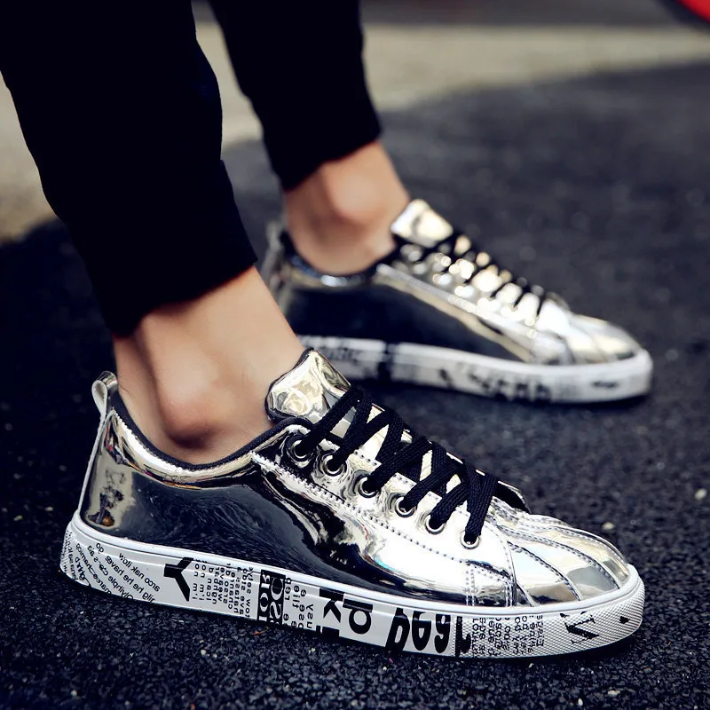 Gold Silber Schwarz Leder Casual Schuhe Männer Bling hip-hop Paar Schuhe Lace Up Sneakers Outdoor Schuhe straße schuhe