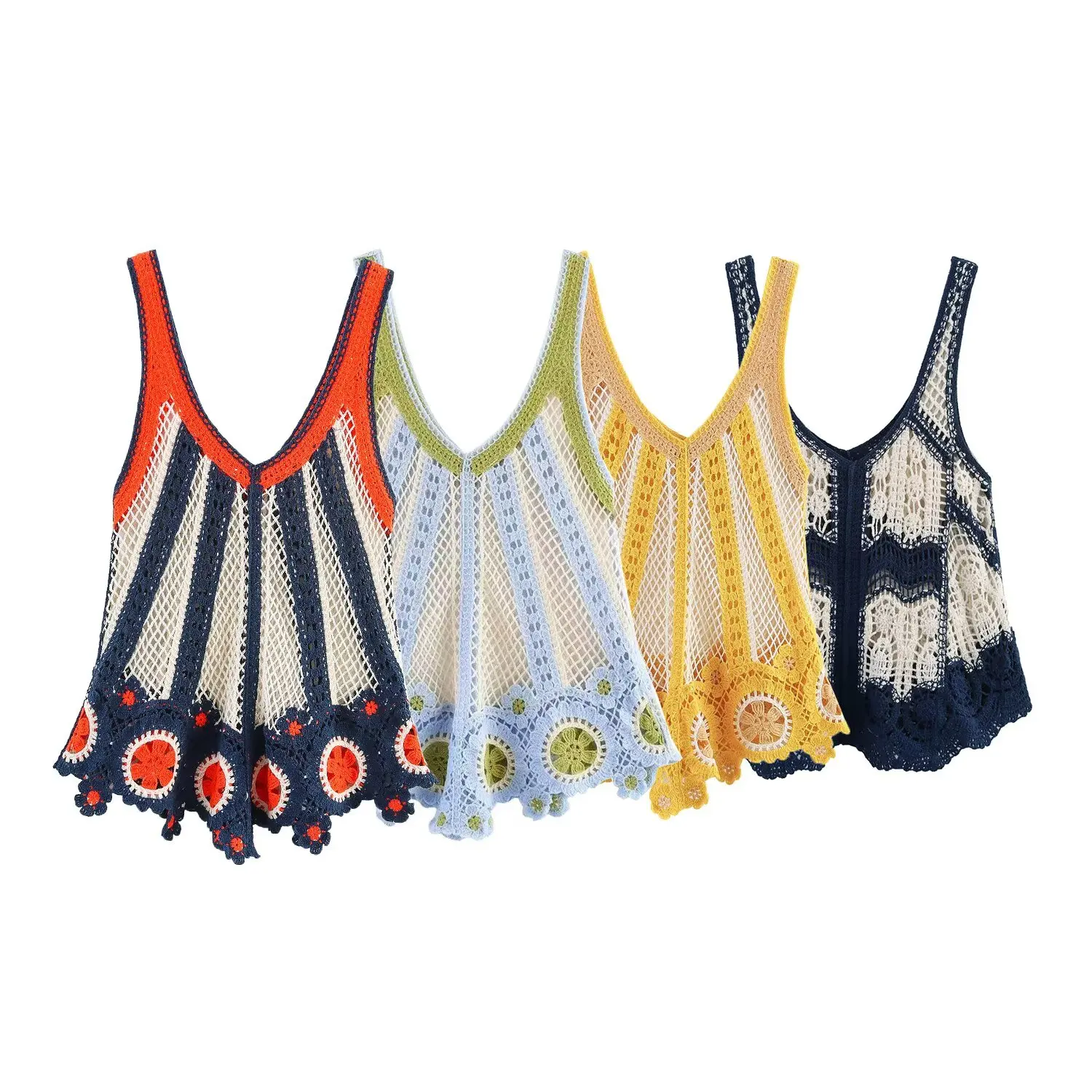 Frauen Urlaub Wind Spitze Aushöhlen Häkeln Lose Schlinge Bluse Weibliche Kontrast Farbe Sommer Weste Chic Tops LS9210 Image