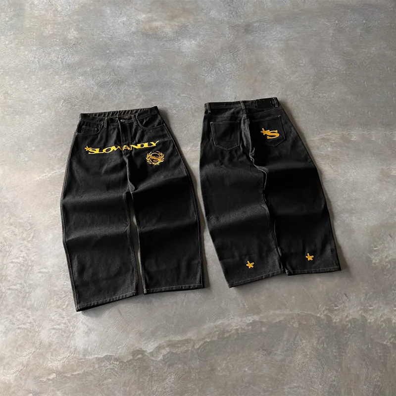 Y2K Hohe Qualität Bequeme Jeans Gelb Brief Dekorative Logo Stickerei Breite Bein Jeans Männer Frauen Mode Hip Hop Streetwear
