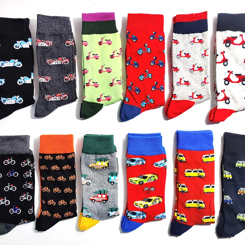 Nouvelles motos voitures électriques go-karts vélos voiture véhicule coton équipage chaussettes heureux drôle hommes chaussettes