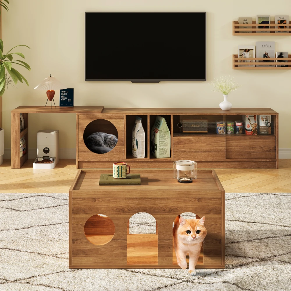 Ensemble de meubles modernes, comprenant 1 meuble TV et 1 table basse, meuble TV rotatif multifonctionnel avec panier pour chat, meubles pour animaux de compagnie